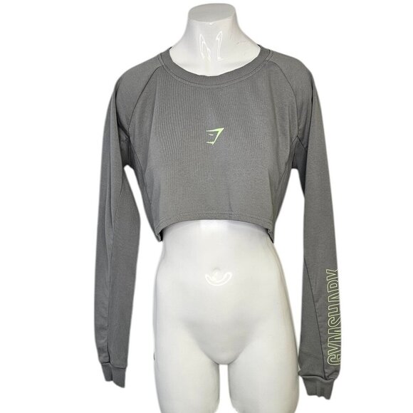 Gymshark Womens Crop Long Sleeve Logo Shirt, Gray, Athletic Crop Top Size Small - Picture 1 of 9